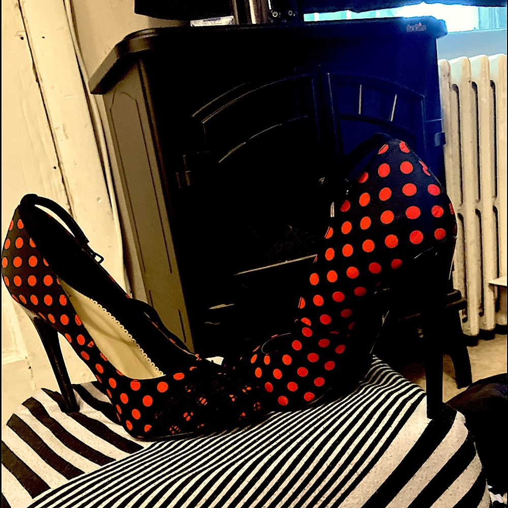 Madison Brand 5 inch black and red polka dot heels